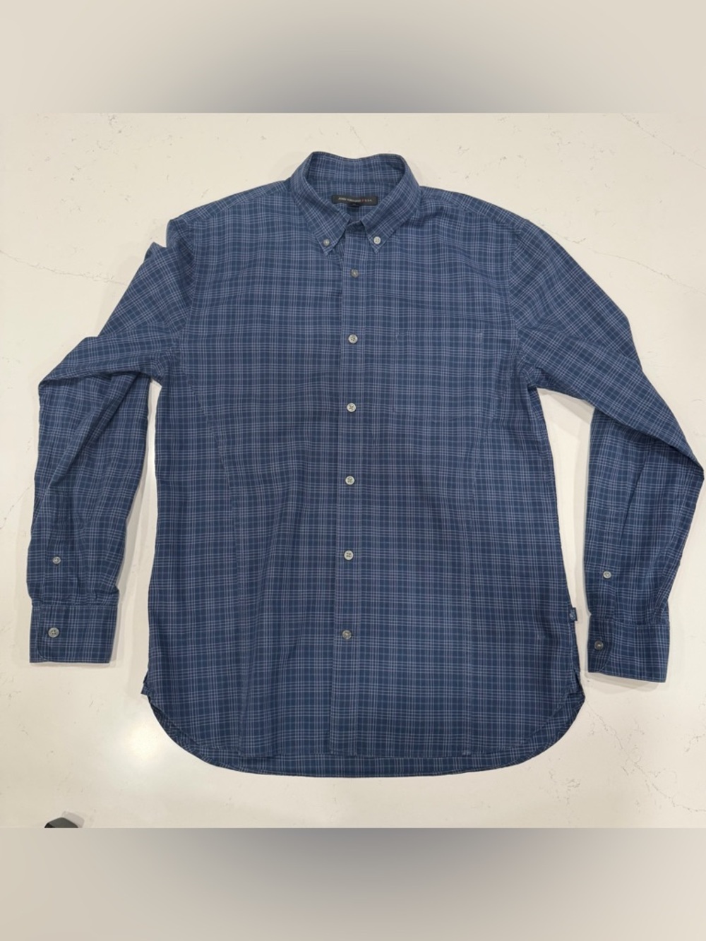 John Varvatos Men’s Navy Blue Plaid Button Down Shirt - Medium